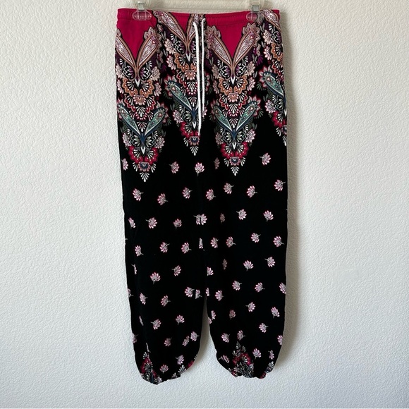 Boho Black and Pink Patterned Lightweight Baggy Pants - Picture 1 of 9